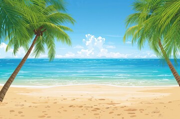 Obraz premium Tropical seaside scene with sandy shore and palm trees in a cartoon style