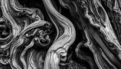 Abstract black and white close-up of gnarled and twisted tree branches, showcasing intricate patterns and textures.