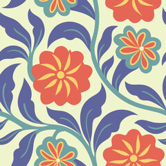 Vibrant floral pattern with red flowers and blue background.A repeating pattern featuring stylized red flowers.