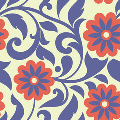 Vibrant floral pattern with red flowers and blue background.A repeating pattern featuring stylized red flowers.