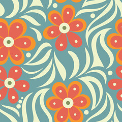 Retro floral pattern with coral flowers and teal leaves on cream background.