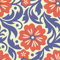 Vibrant floral pattern with red flowers and blue background.A repeating pattern featuring stylized red flowers.
