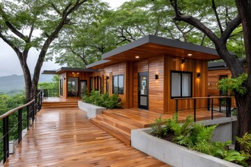 Modern wooden hotel resort nestled in lush tropical rainforest