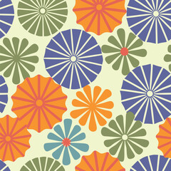 A seamless repeating pattern of stylized chrysanthemum flowers in coral, teal, and orange hues on a pale yellow background.