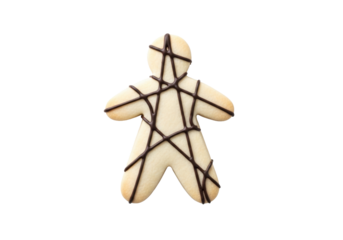Sleek minimalist abstract human-shaped shortbread cookie, pale off-white with glossy dark chocolate geometric patterns, studio shot on a transparent background, modern culinary art concept