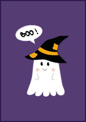 Happy halloween greeting card with cute witch ghost