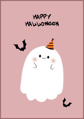 Halloween cute greeting card with ghost, happy halloween