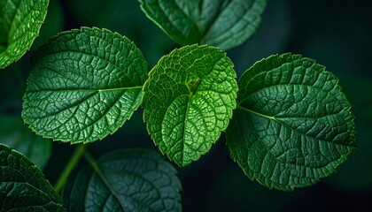 Close-up shot of vibrant green leaves, showcasing intricate textures and natural details.