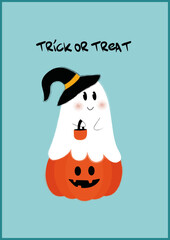 Halloween greeting card with cute ghost, happy halloween