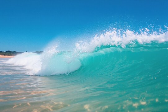 Refreshing ocean waves crashing against the shore under a clear sky, summer vibes, natural scenery, splashing water, blue sea