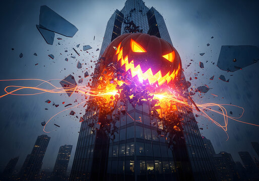 Giant halloween pumpkin head destroying a skyscraper in the city - Powered by Adobe