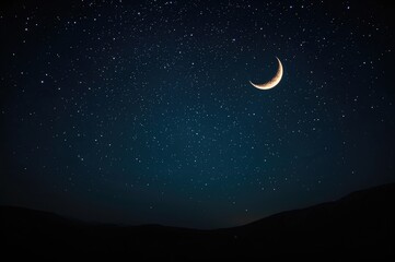 Fototapeta premium Star-filled sky at night with a glowing crescent moon, Ramadan-themed backdrop, time for prayer, with a striking and dramatic ambiance in an Islamic setting