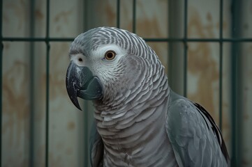 Fototapeta premium Large grey parrot with stripes communicating near its enclosure