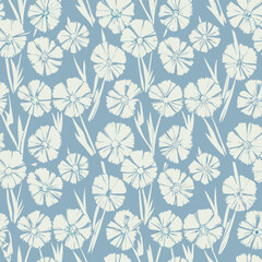 Delicate white flower pattern on a soft blue textured background.A seamless repeating pattern of stylized white flowers.
