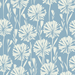 Delicate white flower pattern on a soft blue textured background.A seamless repeating pattern of stylized white flowers.
