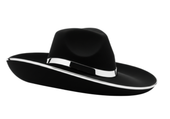 Avant-garde sombrero with angular, geometric lines, deep matte black resin, thin polished silver rim, isolated on transparent studio background with copy space, high-key lighting, sophisticated