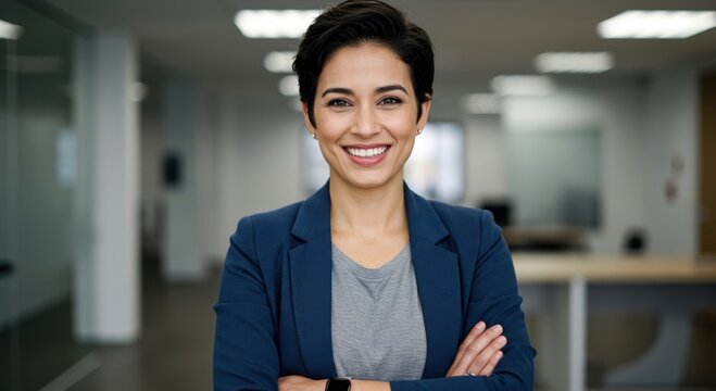 Confident professional woman with short dark hair smiles warmly with arms crossed in a modern office environment