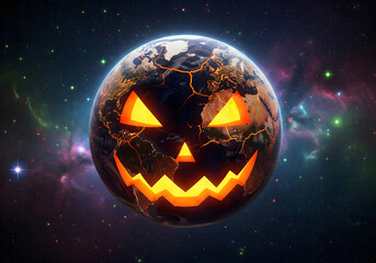 Halloween earth with scary pumpkin face in space with stars and nebula