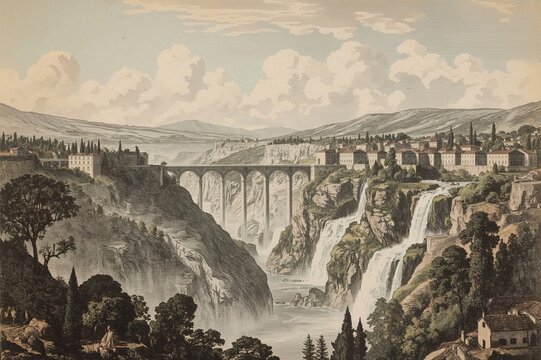 Vintage engraving of historic waterfalls by W. H. Bartlett and E. Brandard, published in 1842 by Luigi Bardi.