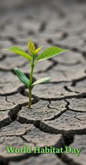 World Habitat Day concept with a small seedling growing from dry, cracked soil for environmental and renewal themes
