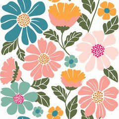 Retro floral pattern with pink teal and orange flowers on white background.
