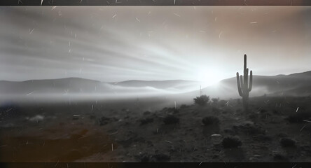 Monochrome and grainy background showing a vast, empty desert landscape at midday, with heat haze distorting the horizon, a lone cactus in the foreground create with ai