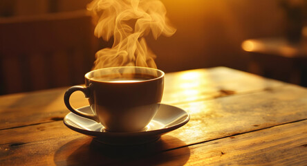 A cup of freshly brewed coffee, steam rising in the morning light, warm colors, cozy atmosphere, wooden table, soft focus background create with ai