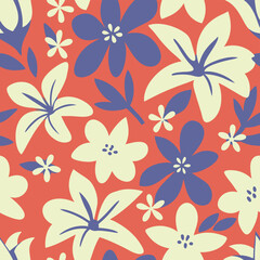 Vibrant retro floral pattern with cream blue and orange hues.A seamless, repeating pattern featuring stylized flowers and leaves.