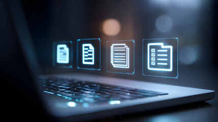 Laptop with glowing digital document and folder icons in futuristic user interface