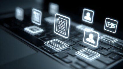 Digital paperwork management with document icons floating over keyboard in dark interface