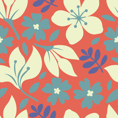 Vibrant retro floral pattern with cream blue and orange hues.A seamless, repeating pattern featuring stylized flowers and leaves.