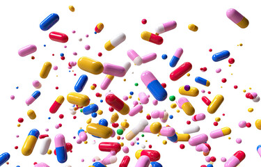 Colorful pills in mid-air, various shapes and colors