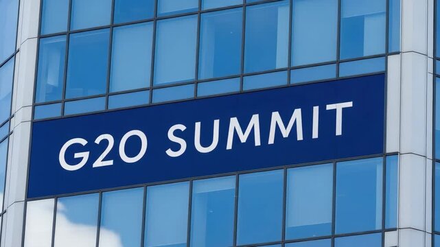 G20 summit concept: G20 summit board sign on modern building facade, reflecting international cooperation and global meeting. G20 summit board reflects international political relationship, diplomacy,
