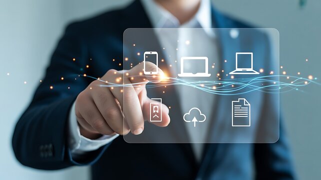 Businessman touching digital interface with cloud and device icons