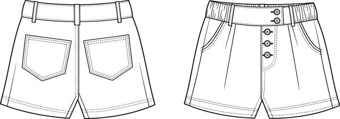 Detailed technical flat sketch of casual shorts front and back views with pockets, waistband, stitching, and button fly design