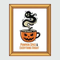 Whimsical Halloween Art Featuring a Pumpkin Spice Latte with a Ghostly Twist in a Wooden Frame