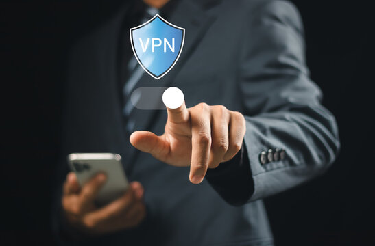 VPN Virtual private network concept. Internet security, encrypted connection for anonymous internet user. Person use smartphone with VPN connection on virtual screen. - Powered by Adobe