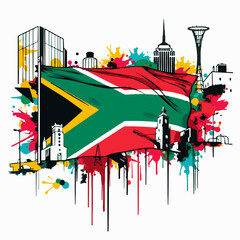 South African flag over abstract cityscape with paint splatters