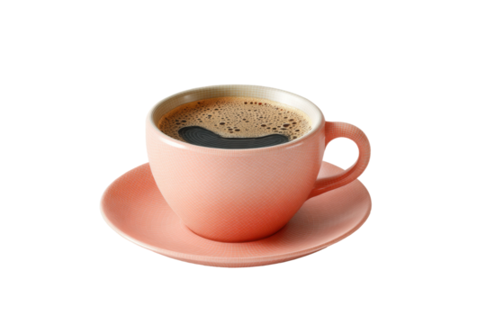 Pink cup of fresh black coffee on matching saucer with textured surface, cut out - Powered by Adobe