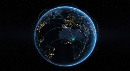 Illuminated global network of digital connections and data flowing across continents representing a connected world