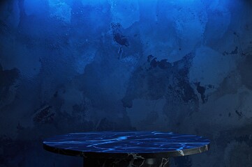 Empty marble surface in front and stone texture behind under blue lighting for showcasing products in a vintage style. Blue background for advertising display.