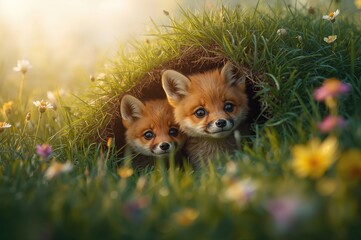 Obraz premium Young swift-foxes peek out inquisitively from their burrow