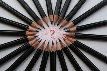 Fototapeta premium Pencils arranged neatly on a sheet, a solitary red one stands out among the black, symbolizing creativity and leadership