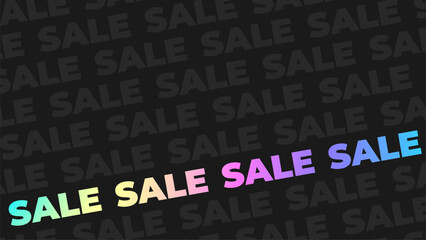Horizontal banner with the word sale, holographic rainbow inscription in form of tape on black background. Empty template for wallpaper, flyer. Vector illustration EPS10
