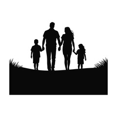 Family Silhouette Illustration Walking Through a Grassy Field in a Black and White Design