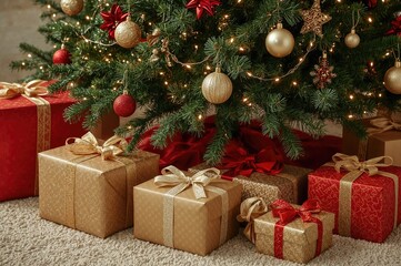 Santa Claus delivered gifts beneath the decorated Christmas tree, festive holiday scene
