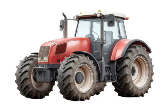 Red tractor with large tires and cabin on black background, cut out