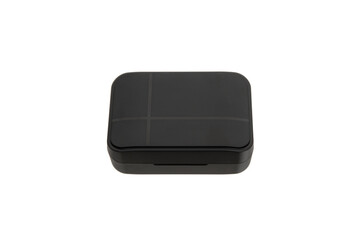A closed black rectangular plastic box with rounded corners, isolated on a white back