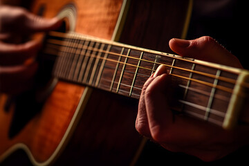 Obraz premium Guitarist's hands skillfully playing acoustic guitar strings in dark ambiance