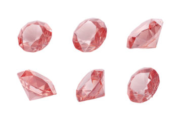 Six faceted pink gemstones on white background, cut out